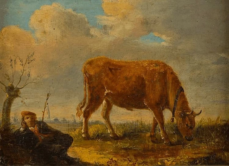 Balthasar Ommeganck - Paesaggio con mucca e pastore